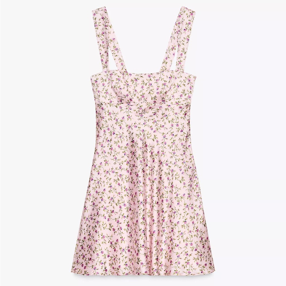Zara Pink Floral Satin Effect Dress S